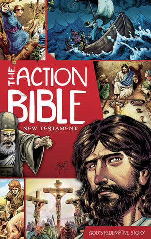 Book cover of The Action Bible New Testament: God's Redemptive Story by Sergio Cariello (Illus.), Doug Mauss (Ed.)