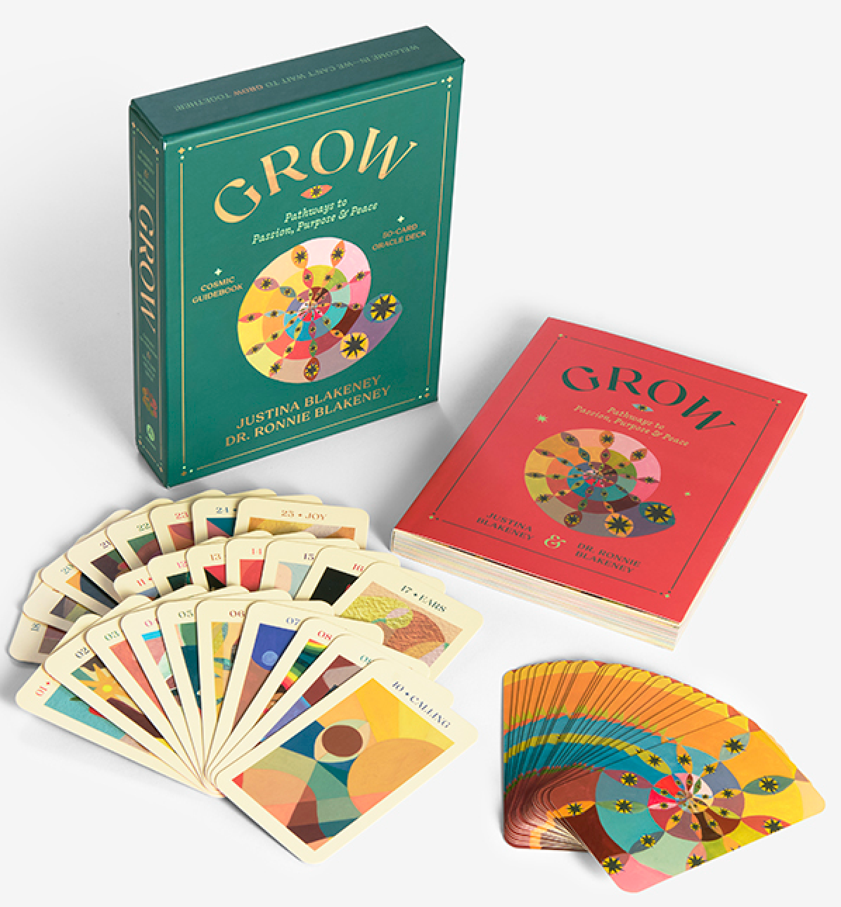 Book cover of Grow: Pathways to Passion, Purpose & Peace Guidebook & Oracle Deck by Justina Blakeney, Ronnie Blakeney