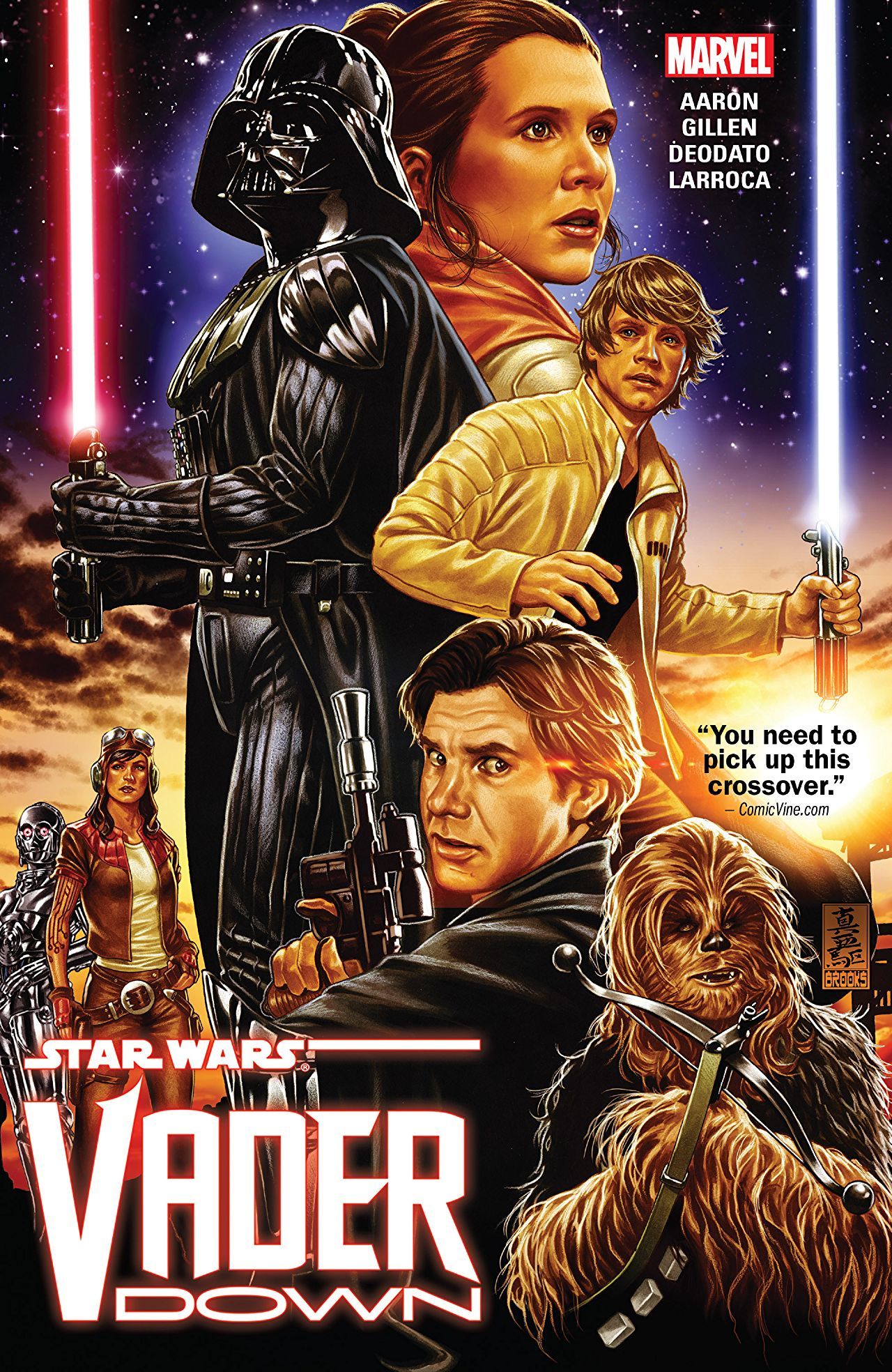 Book cover of Star Wars: Vader Down by Jason Aaron, Kieron Gillen, Mike Deodato (Illus.), Salvador Larroca (Illus.), Frank Martin (Colourist), Edgar Delgado (Colourist), Joe Caramagna (Letterer), Chris Eliopoulos (Letterer), Mark Brooks (Cover Art)