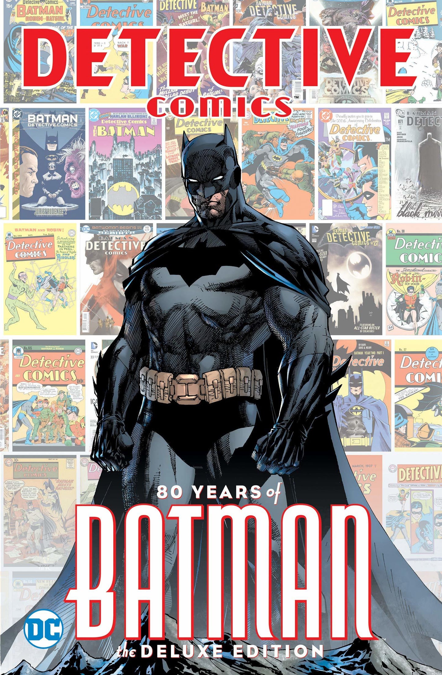 Book cover of Detective Comics: 80 Years of Batman by Paul Levitz (Ed.), Neil Gaiman, Glen David Gold, Anthony Tollin, Neal Adams (Penciller), Dennis O'Neil (Ed.), Shelley Zimmerman, Dan DiDio (Introduction), Patrick Leahy (Foreword), Jim Lee (cover artist), Cory Doctorow, Lew Sayre Schwartz (Illus.), Denys Cowan (Illus.), Bob Kane (Artist), Bill Finger (Writer), Greg Rucka