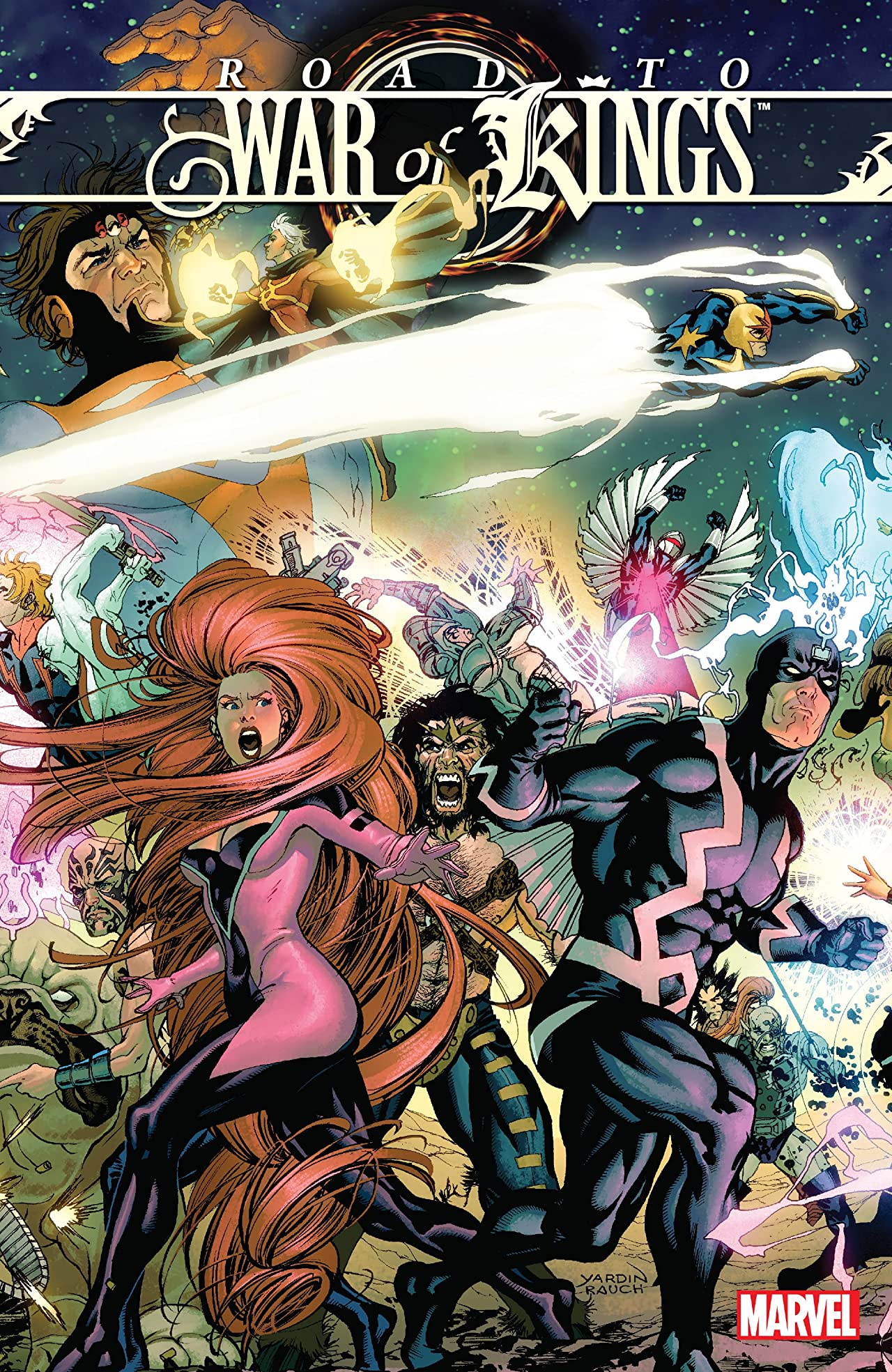 Book cover of War Of Kings: Road To War Of Kings by Christopher Yost, Dan Abnett, Andy Lanning, Dustin Weaver (Illus.), Paul Pelletier (Illus.), Bong Dazo (Illus.)