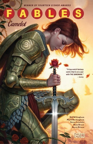 Book cover of Fables, Vol. 20: Camelot by Bill Willingham (Writer), Mark Buckingham (Artist), Steve Leialoha (Illus.), Russ Braun (Illus.), Barry Kitson (Illus.), Andrew Pepoy (Illus.), Gary Erskine (Illus.), Lee Loughridge (Color Artist), Todd Klein (Letterer)