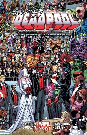 Book cover of Deadpool, Vol. 5: The Wedding Of Deadpool by Brian Posehn (Writer), Gerry Duggan, Mark Waid, Joe Kelly, Daniel Way, Fabian Nicieza, Scott Koblish (Illus.), Stanley "Artgerm" Lau (Illus.)