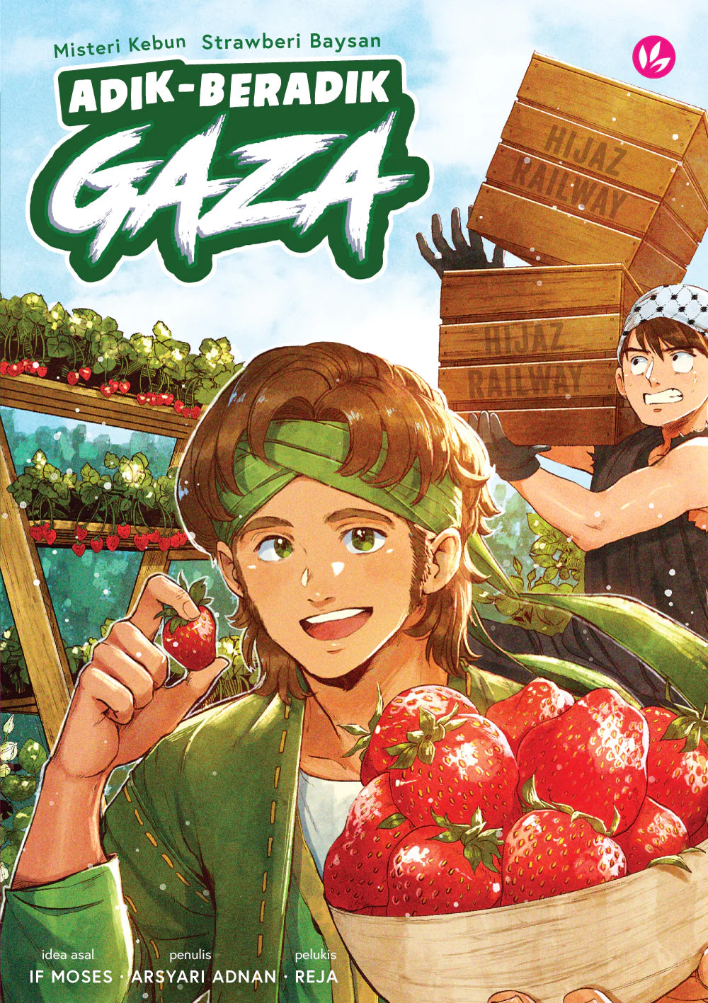 Book cover of Adik-Beradik Gaza: Misteri Kebun Strawberi Baysan by Reja (Pelukis), Arsyari Adnan (Penulis), IF Moses (Idea Asal)
