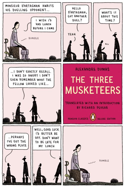 Book cover of The Three Musketeers by Alexandre Dumas, Tom Gauld (Illus.), Richard Pevear (Introduction)