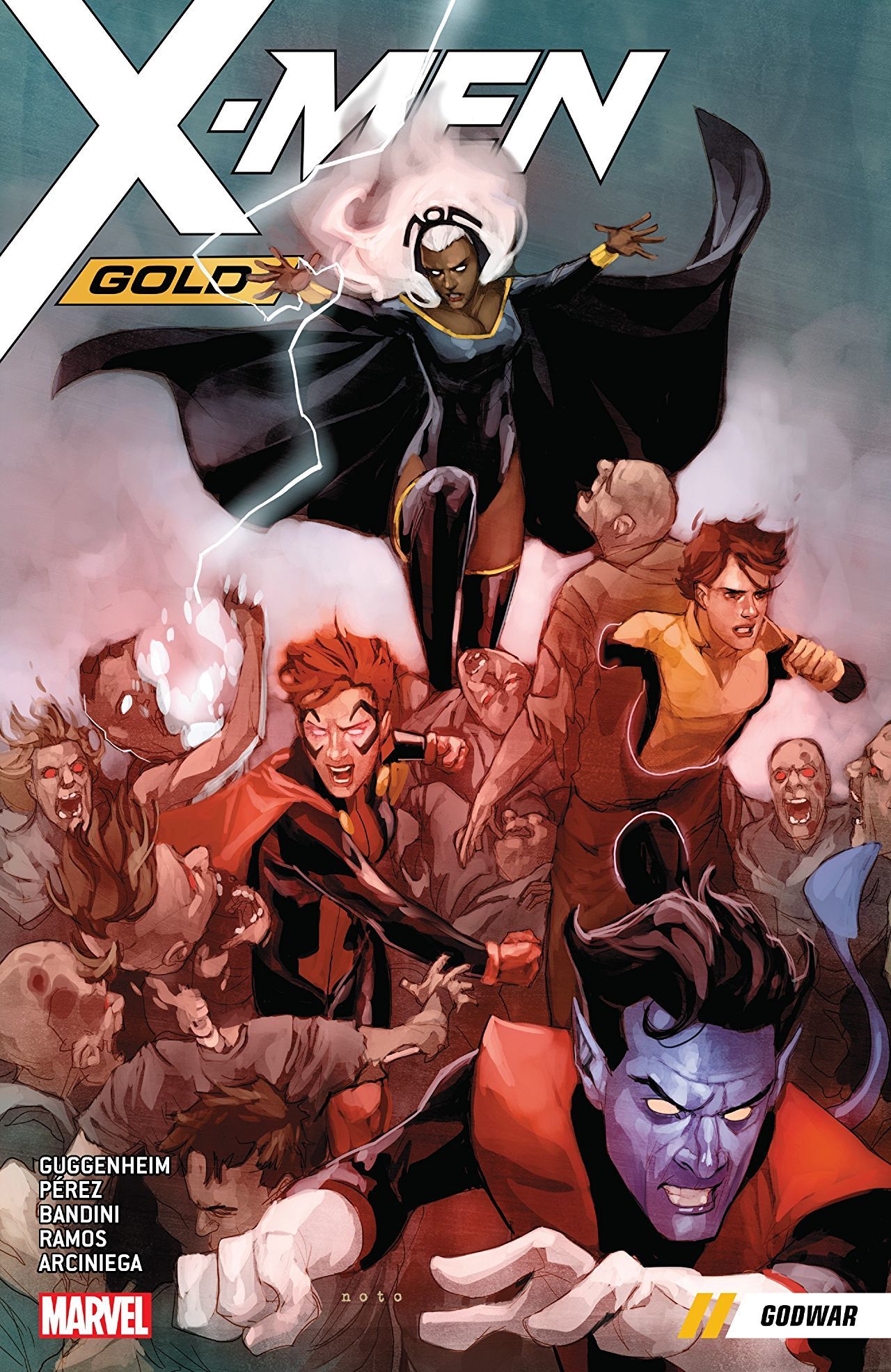 Book cover of X-Men Gold, Vol. 7: Godwar by Marc Guggenheim (Writer), Leah Williams (Writer), Phil Noto (Artist), Mike Wieringo (Artist), Monty Nero (Artist)