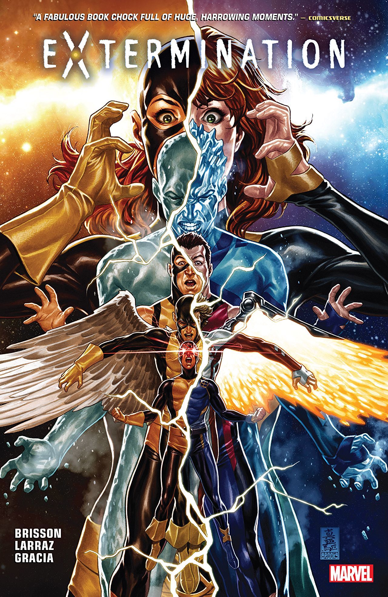 Book cover of Extermination by Ed Brisson (Writer), Mark Brooks (Writer), Pepe Larraz (Illus.), Oscar Bazaldua (Illus.), Ario Anindito (Illus.)
