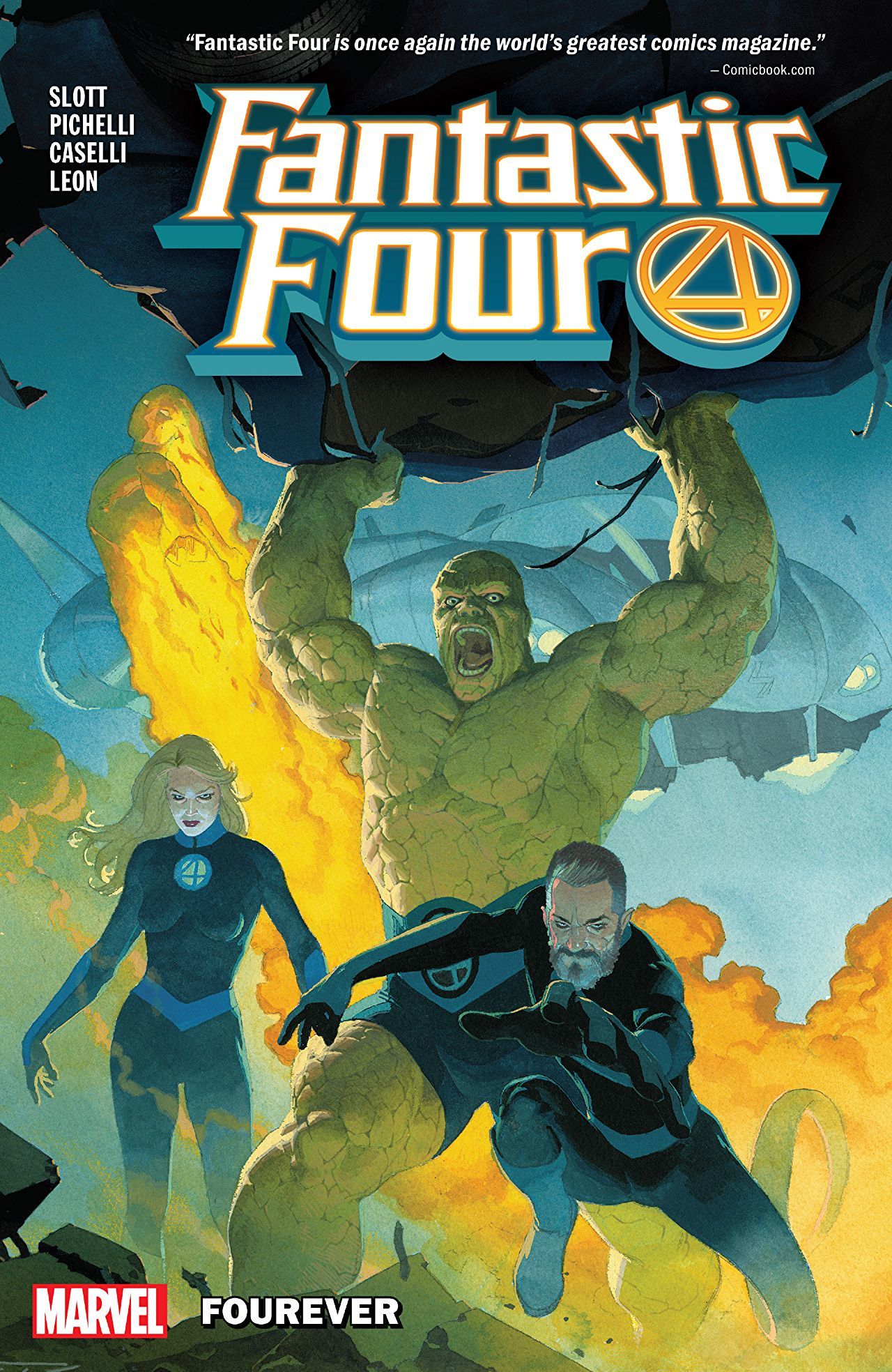 Book cover of Fantastic Four, Vol. 1: Fourever by Dan Slott (Writer), Esad Ribić, Sara Pichelli (Illus.), Simone Bianchi (Illus.), Skottie Young (Illus.)
