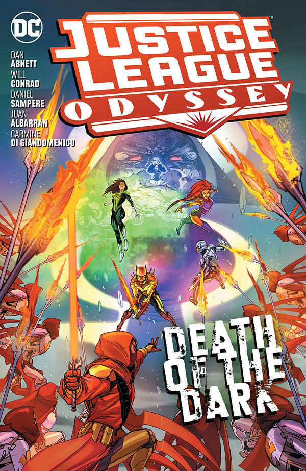 Book cover of Justice League Odyssey, Vol. 2: Death of the Dark by Dan Abnett, Will Conrad (Illus.), Daniel Sampere (Illus.), Juan Albarrán (Illus.), Carmine Di Giandomenico (Illus.), Ivan Plascencia (Colorist), Rain Beredo (Colorist), Pete Pantazis (Colorist), AndWorld Design (Letterer)