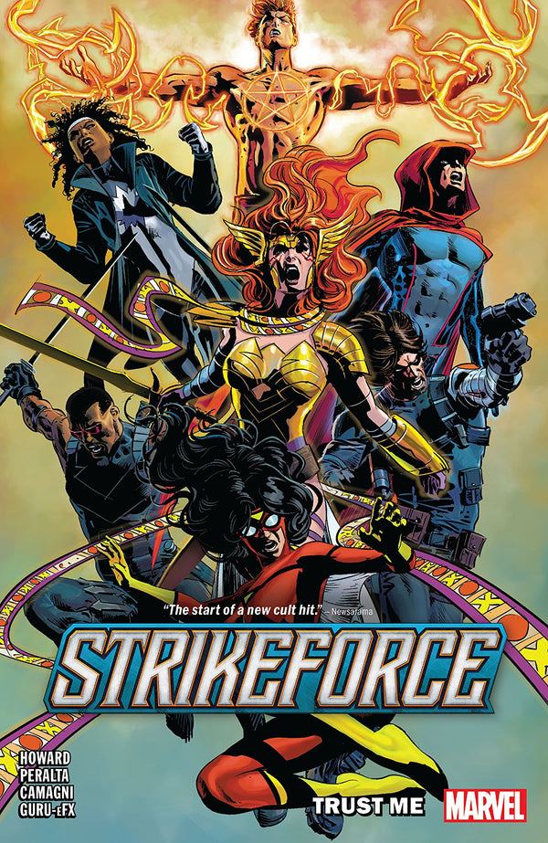 Book cover of Strikeforce, Vol. 1: Trust Me by Tini Howard, German Peralta (Illus.), Jacopo Camagni (Illus.), Jordie Bellaire (Color Artist), Miraslav Mrva (Color Artist), GURU-eFX (Color Artist), Marco Rudy (Illus.), Max Fiumara (Illus.), Dan   Brown (Illus.), Marika Cresta (Illus.), Stacey Lee (Illus.), Joe Sabino (Letterer)