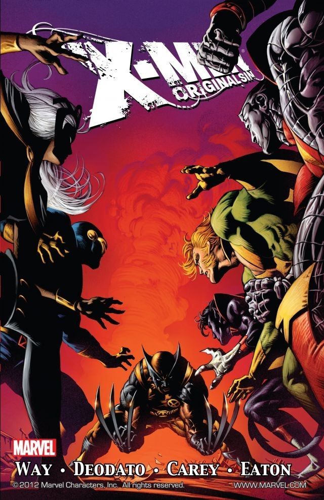 Book cover of X-Men: Original Sin by Daniel Way (Writer), Mike Deodato (Artist), Mike Carey, Scot Eaton (Penciler), Andrew Hennessy (Inker), Jason Keith (Colourist), Nathan Fairbairn (Colourist), Rain Beredo (Colourist), Brian Reber (Colourist), Cory Petit (Letterer)