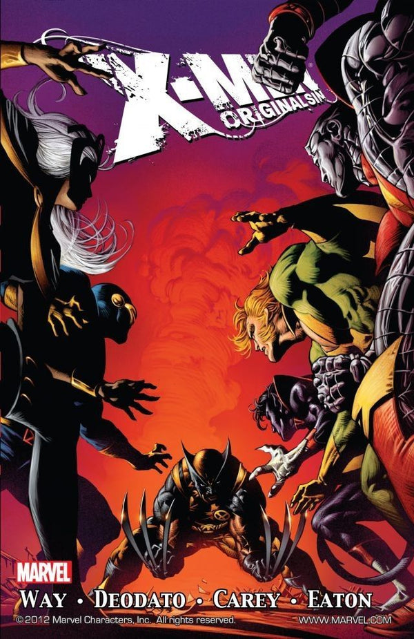 Book cover of X-Men: Original Sin by Daniel Way (Writer), Mike Deodato (Artist), Mike Carey, Scot Eaton (Penciler), Andrew Hennessy (Inker), Jason Keith (Colourist), Nathan Fairbairn (Colourist), Rain Beredo (Colourist), Brian Reber (Colourist), Cory Petit (Letterer)