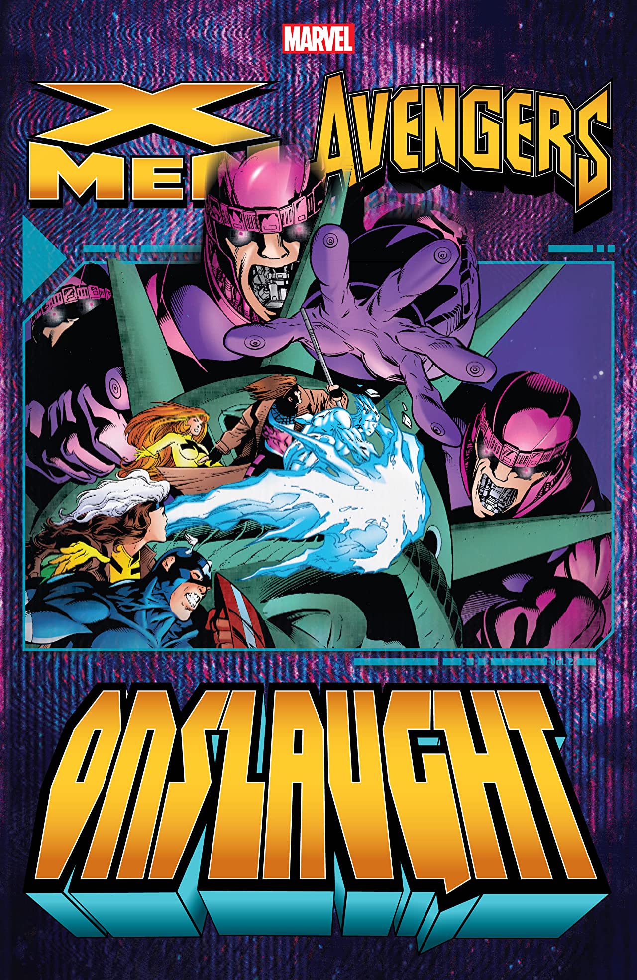 Book cover of X-Men/Avengers: Onslaught Vol. 2 by Jeph Loeb, Peter David, Larry Hama, Howard Mackie, Tom DeFalco, Terry Kavanagh, Mark Waid, Scott Lobdell, Ian Churchill (Illus.), Angel  Medina (Illus.), Val Semeiks (Illus.), Jeff Matsuda (Illus.), Stefano Raffaele (Illus.), Mark Bagley (Illus.), John Romita Jr. (Illus.), Josh Hood (Illus.), Steve Skroce (Illus.), Anthony Castrillo (Illus.), Andy Kubert (Illus.), Joe Madureira (Illus.), Joe Bennett (Illus.), Herb Trimpe (Illus.)